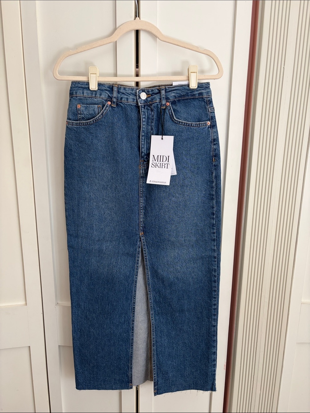 stradivarius Blue Denim Midi Skirt with Front Slit
